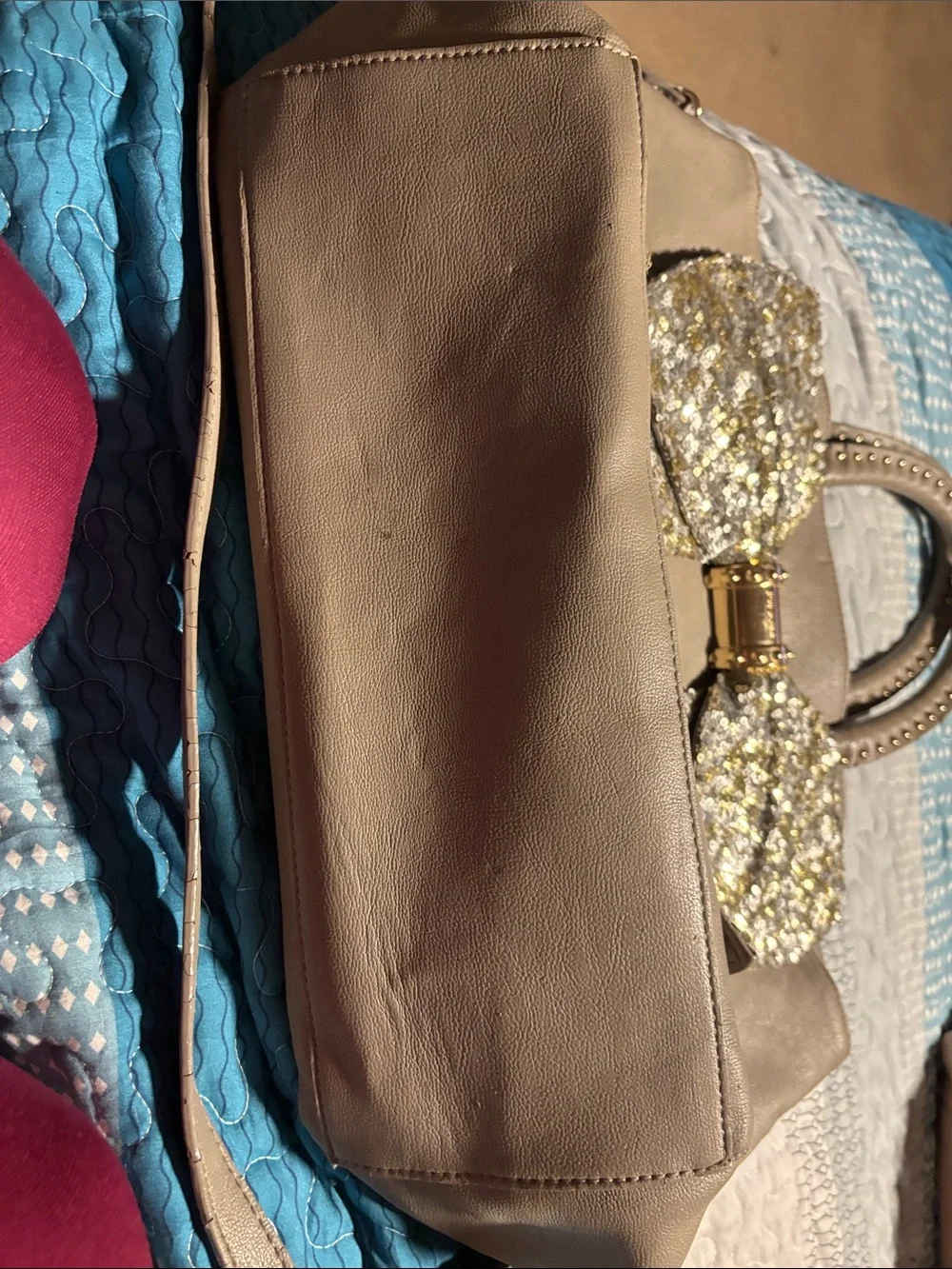 Rare Betsey Johnson Taupe Handbag with Iridescent Sequin Bow